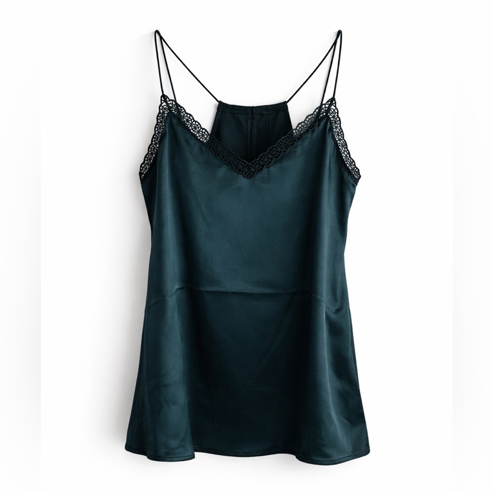 Express Dark Green Satin Lace-Trim Cami
